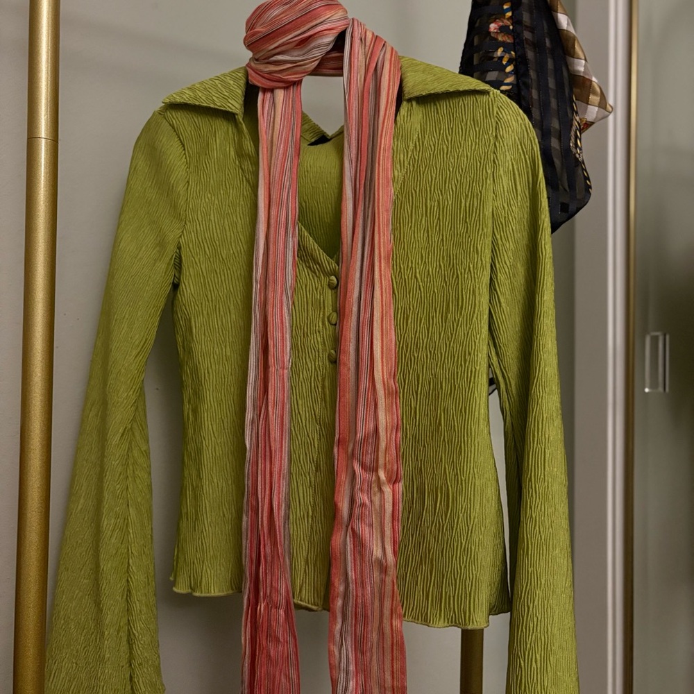 Groovy Textured Collared Button Up Green Blouse